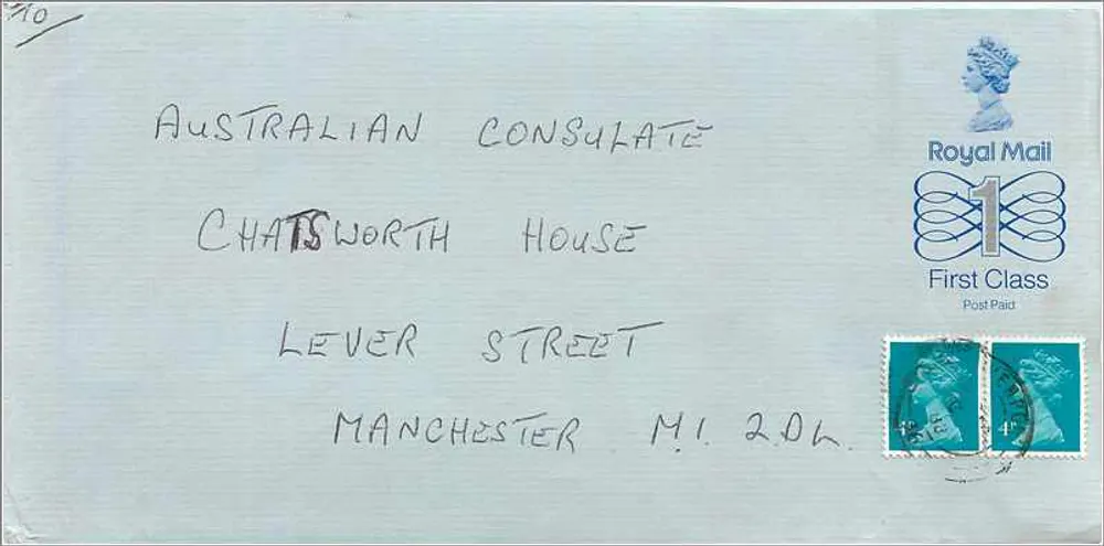 Ansichtskarte an das australische Konsulat in Manchester — Royal Mail, 1£ First Class, 4p Stempel - Vorderseite