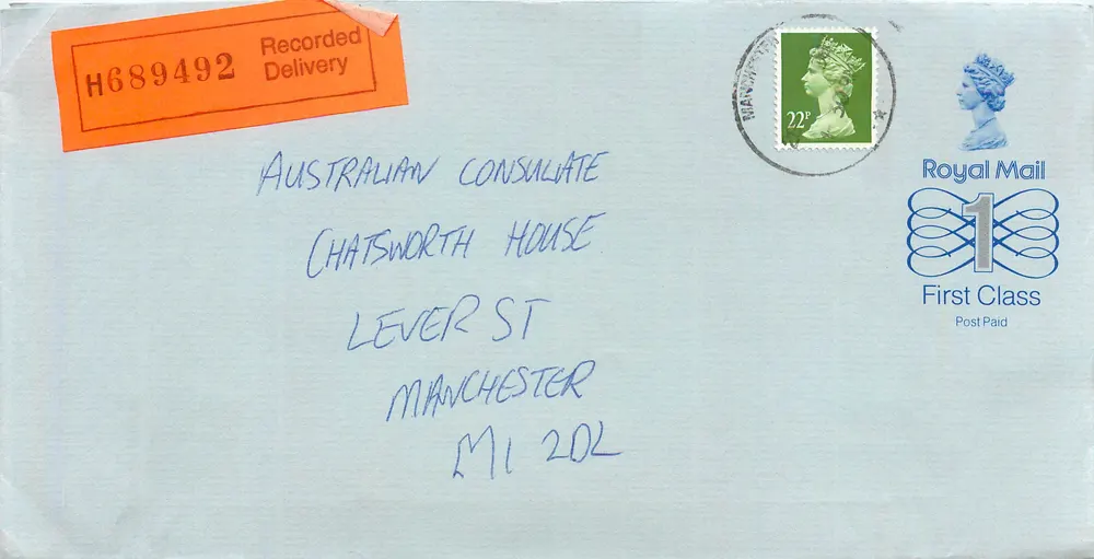 Britische Briefmarke — Australian Consulat Manchester — 22p-Stempel und Birmingham-Poststempel - Vorderseite