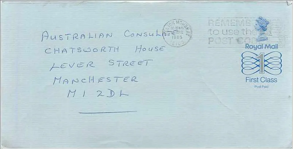 Briefkarte an das australische Konsulat in Manchester — Royal Mail, 1988 - Vorderseite