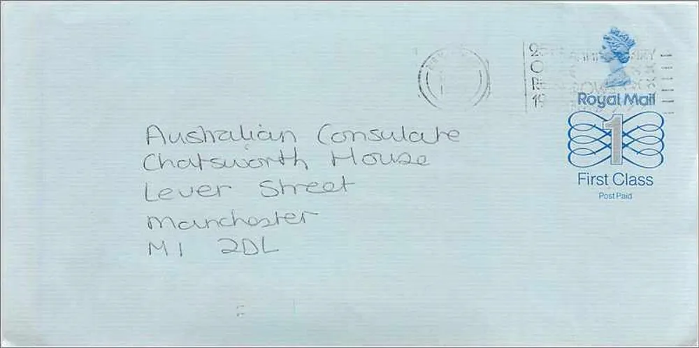 Blaue Ansichtskarte — Australischer Konsulat in Manchester — Royal Mail 1£ - Vorderseite