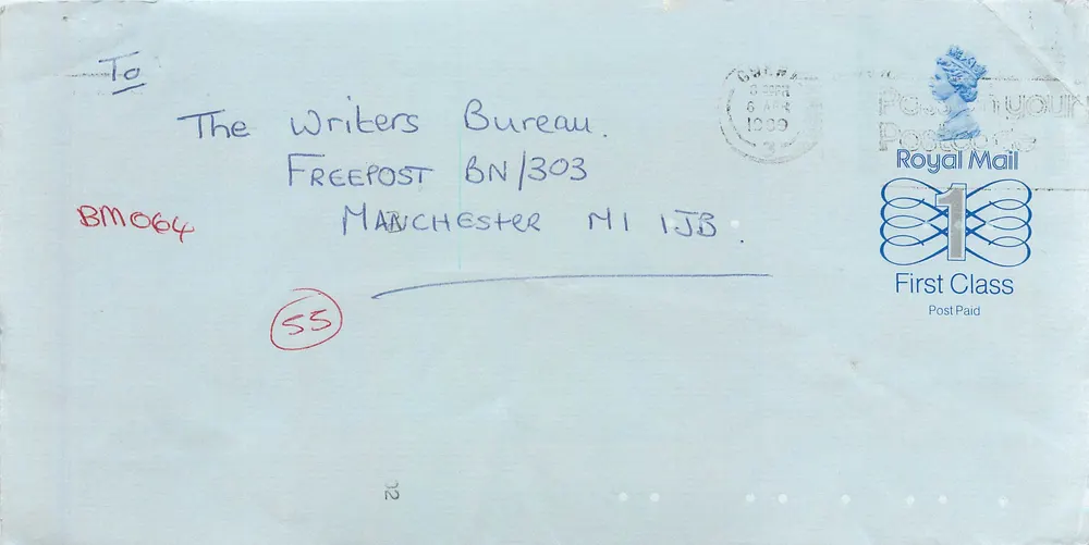 Karte an The Writers Bureau in Manchester — Royal Mail, 6. April 1989 - Vorderseite