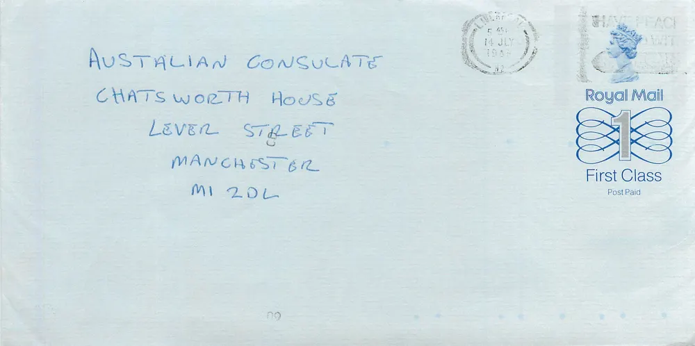 Ansichtskarte an das australische Konsulat in Manchester — Royal Mail, 14. Juli 1984 - Vorderseite