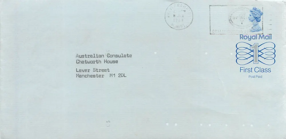 Englische Ansichtskarte — 1£ Royal Mail-Stempel — für das australische Konsulat in Manchester bestimmt - Vorderseite