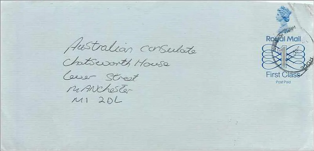 Briefumschlag — Australischer Konsulat Manchester — Royal Mail Erste Klasse - Vorderseite