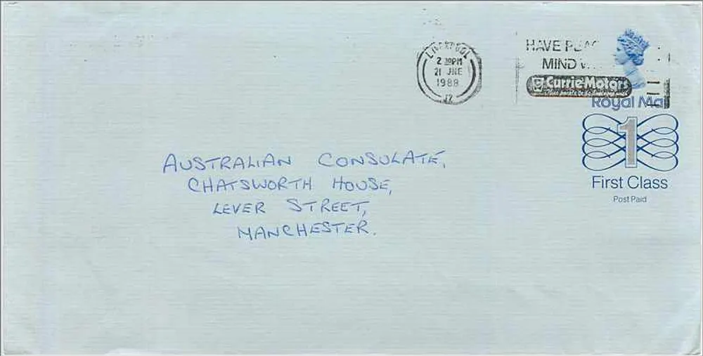 Ansichtskarte an das australische Konsulat in Manchester — 1£-Stempel und Poststempel 'HAVE PLACE' — Rückseite mit Absenderadresse in Nerside - Vorderseite