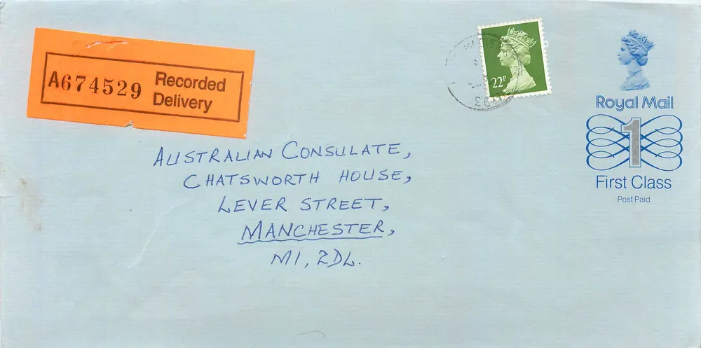 Ansichtskarte vom Sheffield an das australische Konsulat in Manchester — Royal Mail First Class - Vorderseite