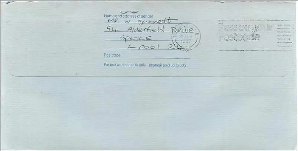 Manchester — Briefumschlag mit Briefmarken und Poststempel — Royal Mail - Rückseite