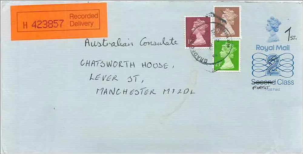 Ansichtskarte gesendet von Bradford an das australische Konsulat in Manchester — Royal Mail, 2 Stempel, 1. und 2. Klasse - Vorderseite