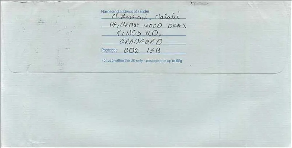 Ansichtskarte gesendet von Bradford an das australische Konsulat in Manchester — Royal Mail, 2 Stempel, 1. und 2. Klasse - Rückseite