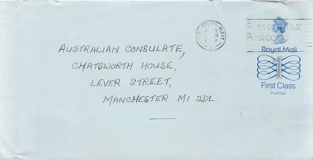 Ansichtskarte an das australische Konsulat in Manchester — Royal Mail, 1 Pfund - Vorderseite