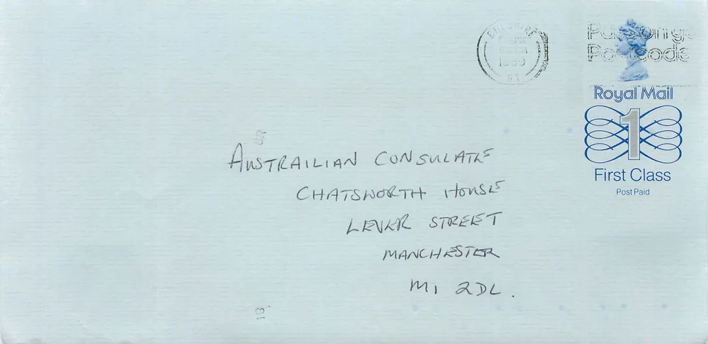 Englische Karteikarte — 1£ Royal Mail Stempel — an das australische Konsulat in Manchester adressiert - Vorderseite