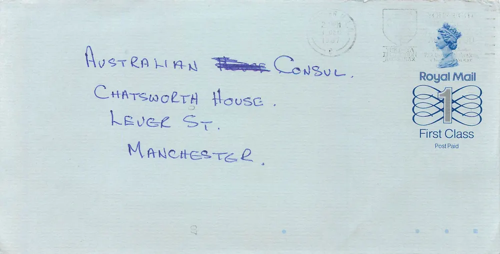 Ansichtskarte an den australischen Konsul in Manchester — Royal Mail, Erstklasse, 1£-Stempel, Obliteration 2. DEZ 1987 - Vorderseite