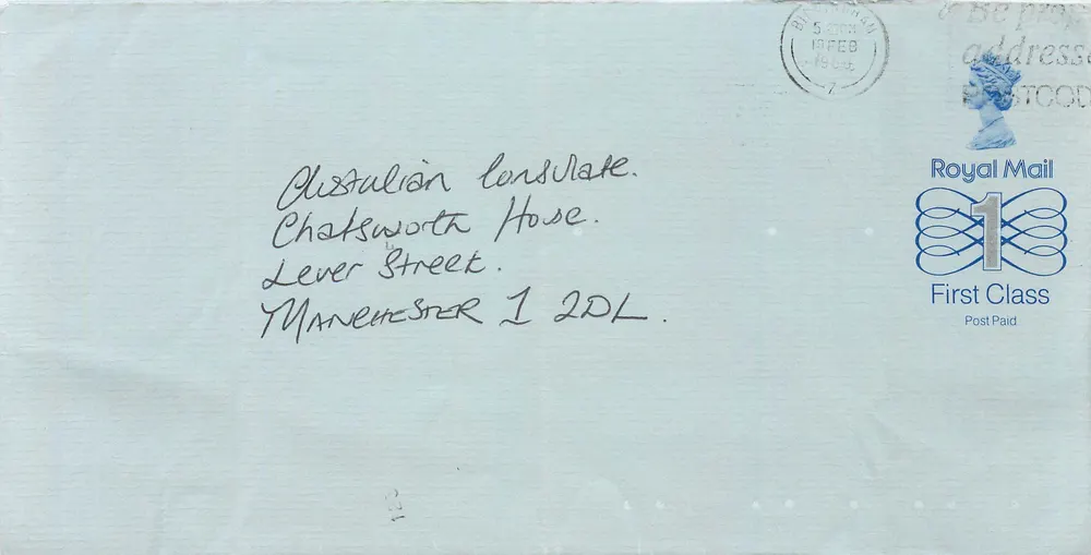 Briefkarte an das australische Konsulat in Manchester — Royal Mail, 5. Februar 1984 - Vorderseite