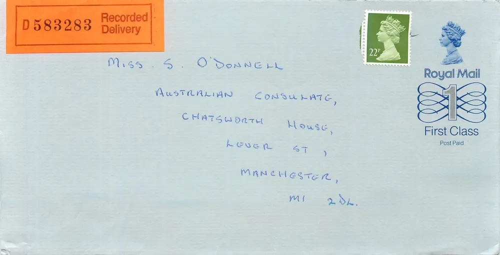 Briefumschlag — Miss S. O'Donnell, australisches Konsulat in Manchester — Royal Mail First Class - Vorderseite