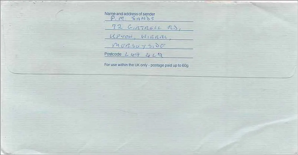 Briefumschlag — Miss S. O'Donnell, australisches Konsulat in Manchester — Royal Mail First Class - Rückseite