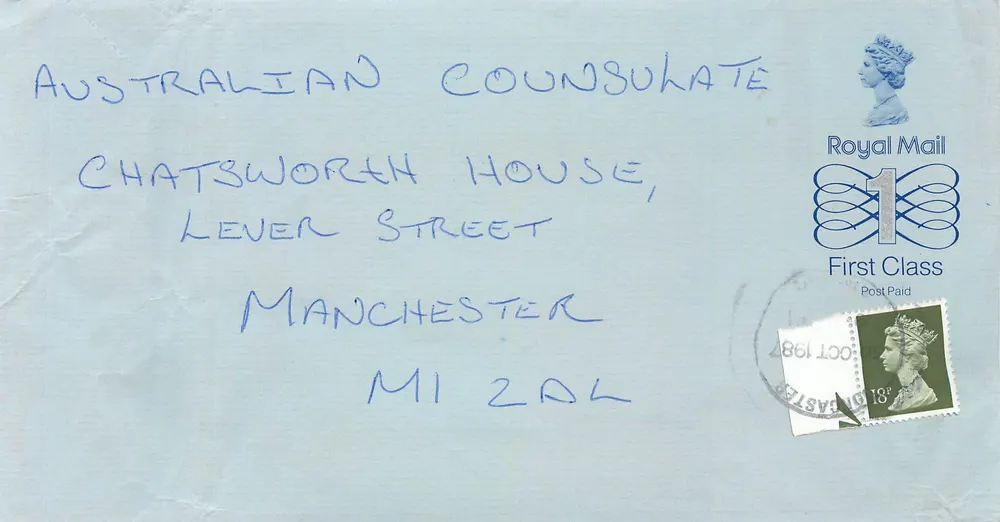 Umschlag an das australische Konsulat in Manchester — Stempel 1987 - Vorderseite