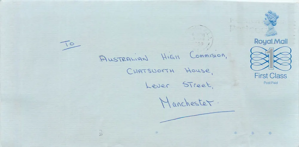 Ansichtskarte an die australische Kommission in Manchester — Royal Mail 1£ - Vorderseite