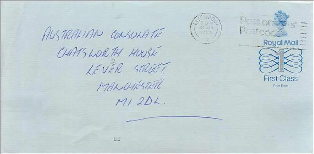 Brief an das australische Konsulat in Manchester — Royal Mail 1£ Stempel - Vorderseite