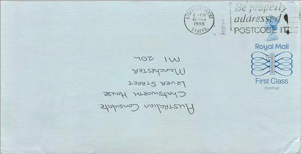 Ansichtskarte an das australische Konsulat in Manchester — Royal Mail First Class, Stempel 1988 - Vorderseite