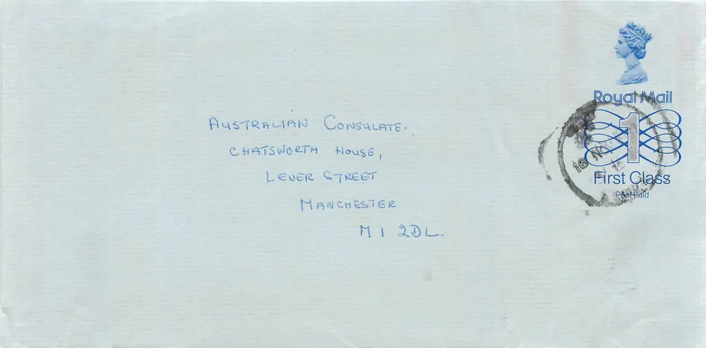Ansichtskarte gesendet von Manchester an das australische Konsulat in Manchester — Royal Mail, 1£ Briefmarken, Entwertung Manchester - Vorderseite