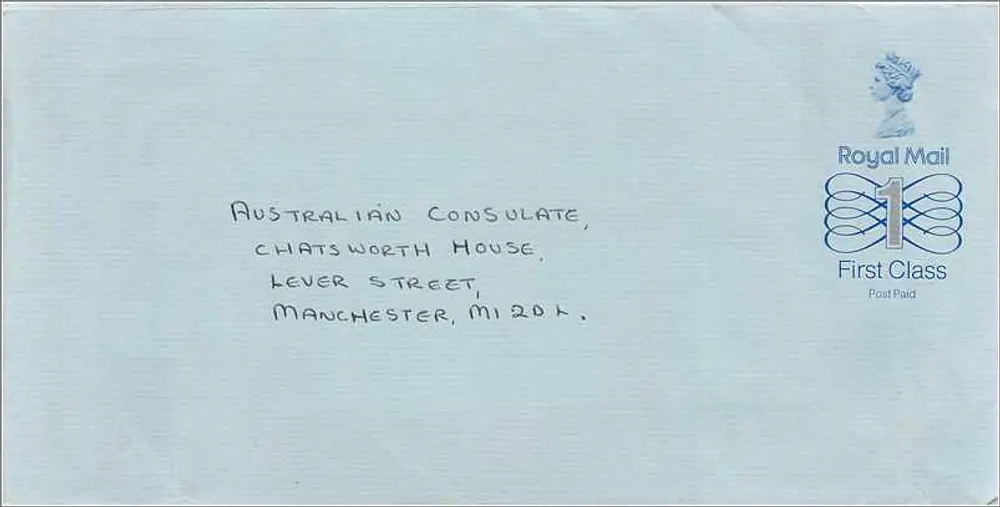Erste Klasse Royal Mail-Umschlag — an das australische Konsulat in Manchester — mit 1£-Stempel - Vorderseite