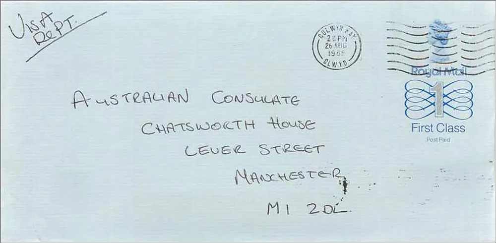 Briefkarte an das australische Konsulat in Manchester — Royal Mail First Class, datiert 26. August 1988 - Vorderseite