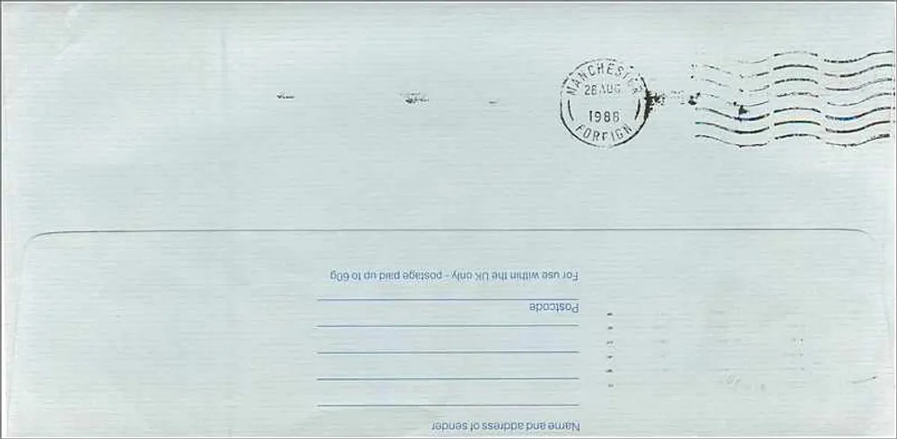 Briefkarte an das australische Konsulat in Manchester — Royal Mail First Class, datiert 26. August 1988 - Rückseite