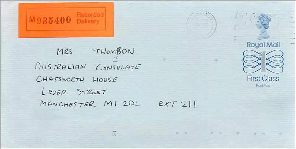 Briefumschlag — Manchester — Royal Mail Erstklasse - Vorderseite