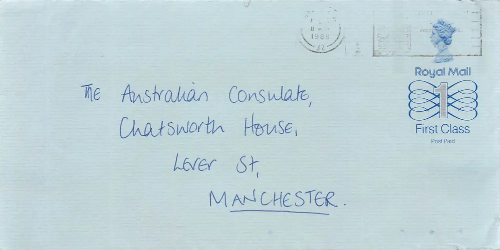 Ansichtskarte an das australische Konsulat in Manchester — Royal Mail, 1988 - Vorderseite