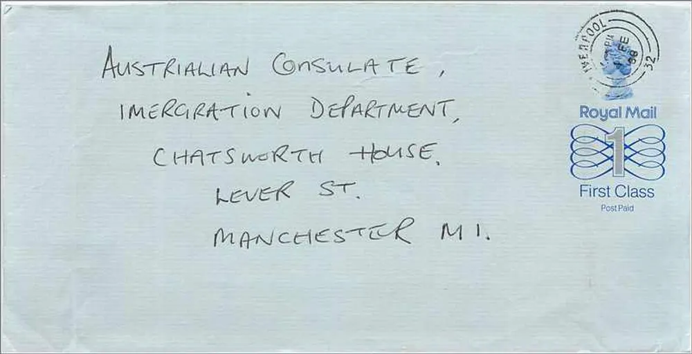 Leverpool — Briefumschlag First Class an das australische Konsulat in Manchester — Royal Mail - Vorderseite
