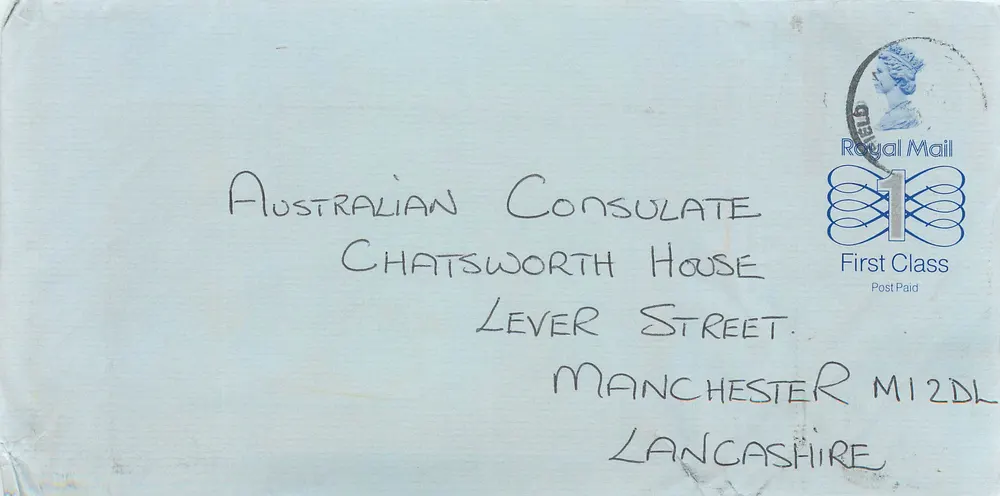 Ansichtskarte aus Manchester — Australischer Konsulat — Briefmarken Royal Mail 1£ - Vorderseite