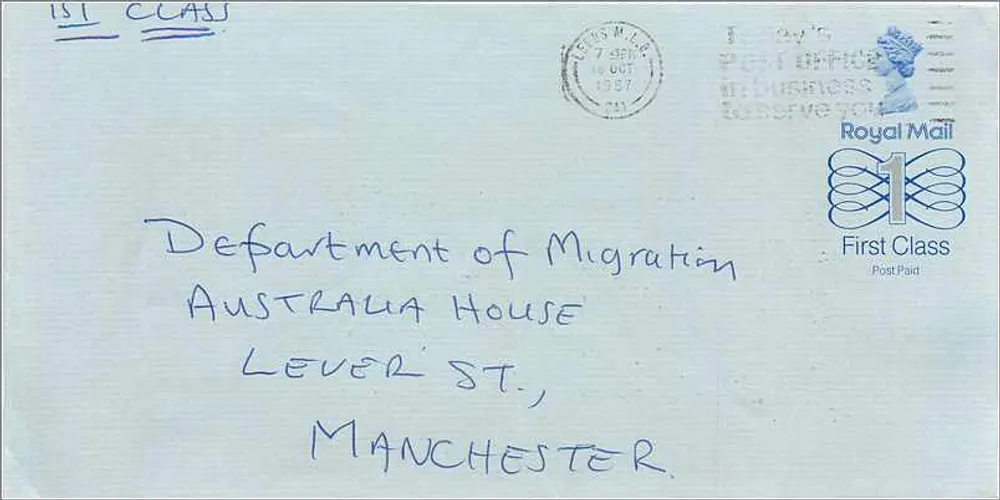 Briefumschlag Vereinigtes Königreich — 1. Klasse — an das Department of Migration, Australia House, Manchester adressiert - Vorderseite