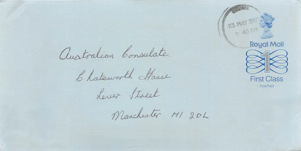 Manchester — Erste-Klasse-Brief an das australische Konsulat — Royal Mail - Vorderseite