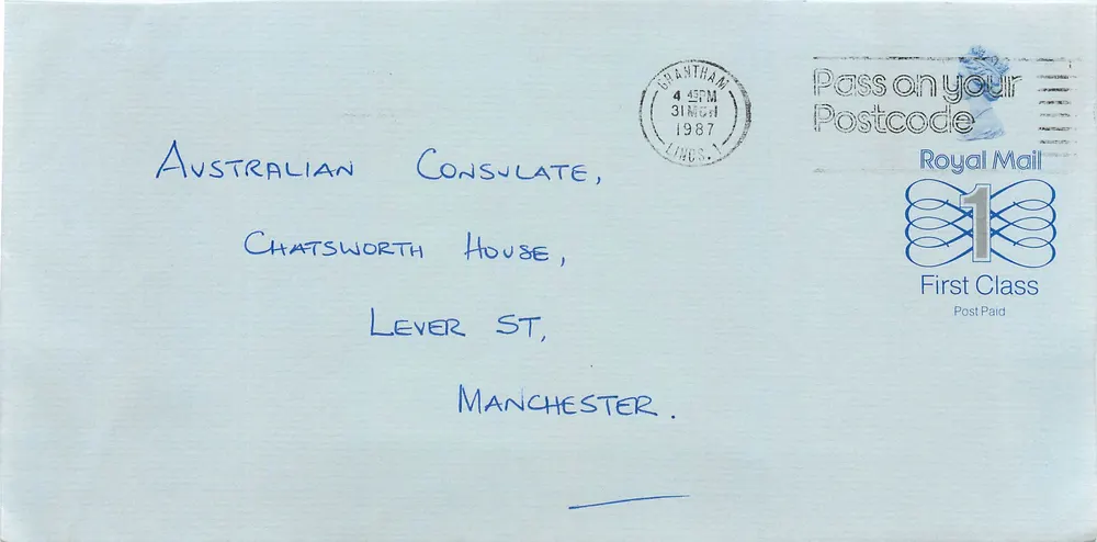 Briefkarte an das australische Konsulat in Manchester — Briefmarken Royal Mail 1987 - Vorderseite