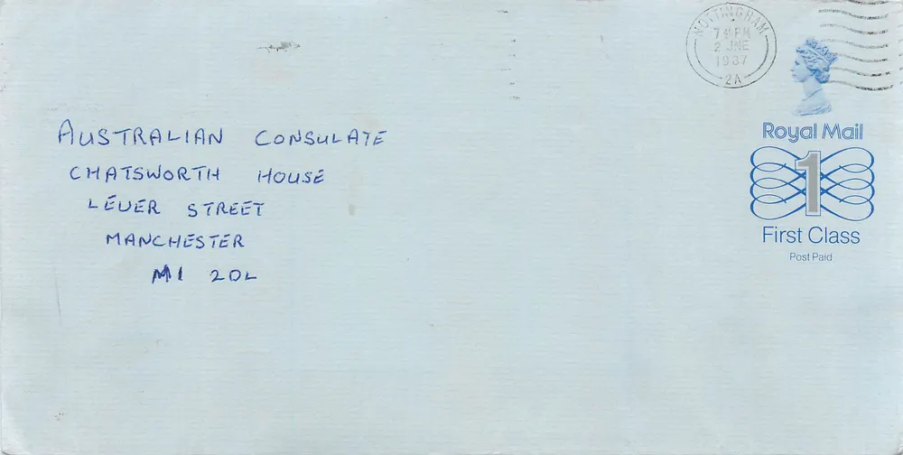 Ansichtskarte an das australische Konsulat in Manchester — Royal Mail, 2. Juni 1987 - Vorderseite