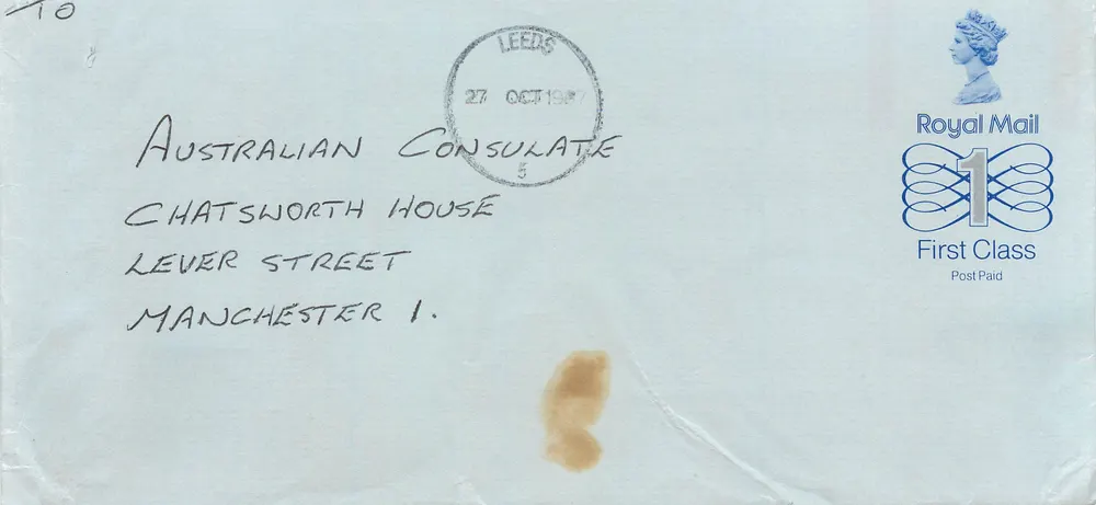 Ansichtskarte aus Leeds — Australian Consulate, Manchester — Royal Mail 1987 - Vorderseite