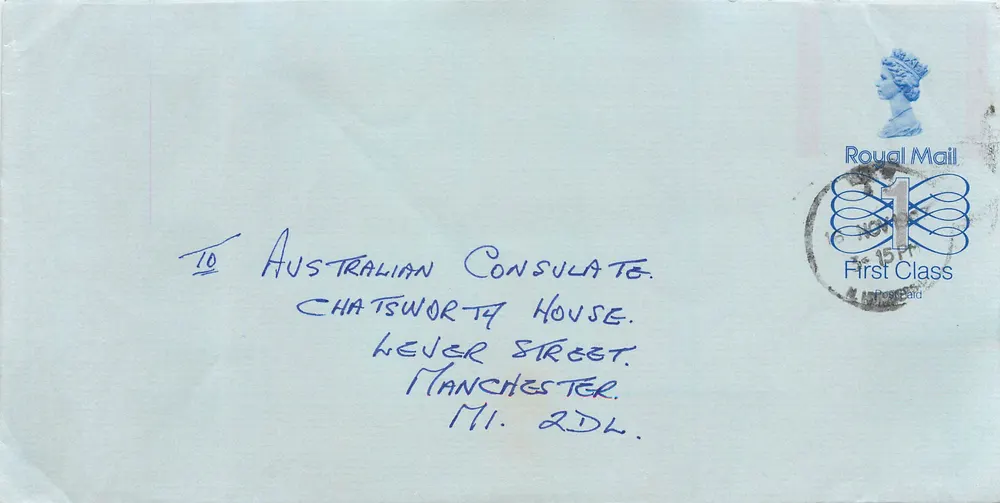 Ansichtskarte an das australische Konsulat in Manchester — Royal Mail, 15p, Kupferstempel Manchester - Vorderseite