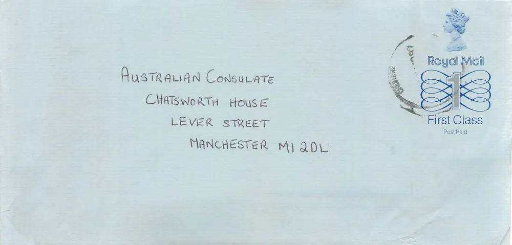 Briefumschlag Vereinigtes Königreich — Australian Consulate Manchester — 1£ Royal Mail Stempel - Vorderseite