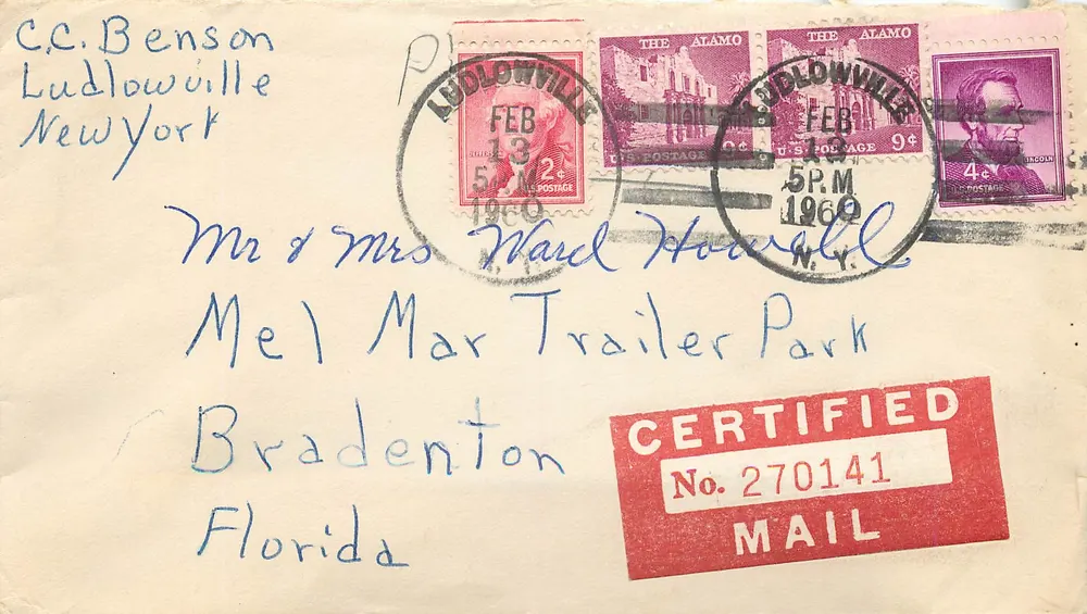 Ludlowville, New York — Zertifizierte Briefsendung nach Bradenton, Florida — U.S. Post - Vorderseite