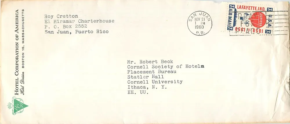 San Juan, Puerto Rico — Umschlag der Hotel Corporation of America — 21. November 1960 - Vorderseite