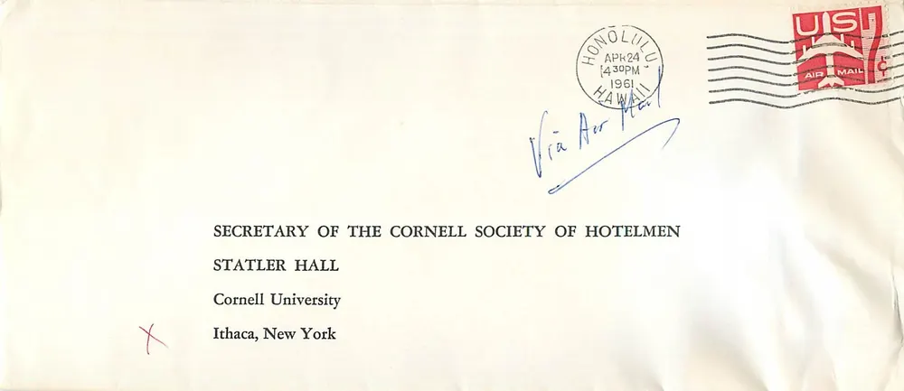 Cornell University — Gesellschaft der Hoteliers — Versand aus Honolulu — 1961 - Vorderseite