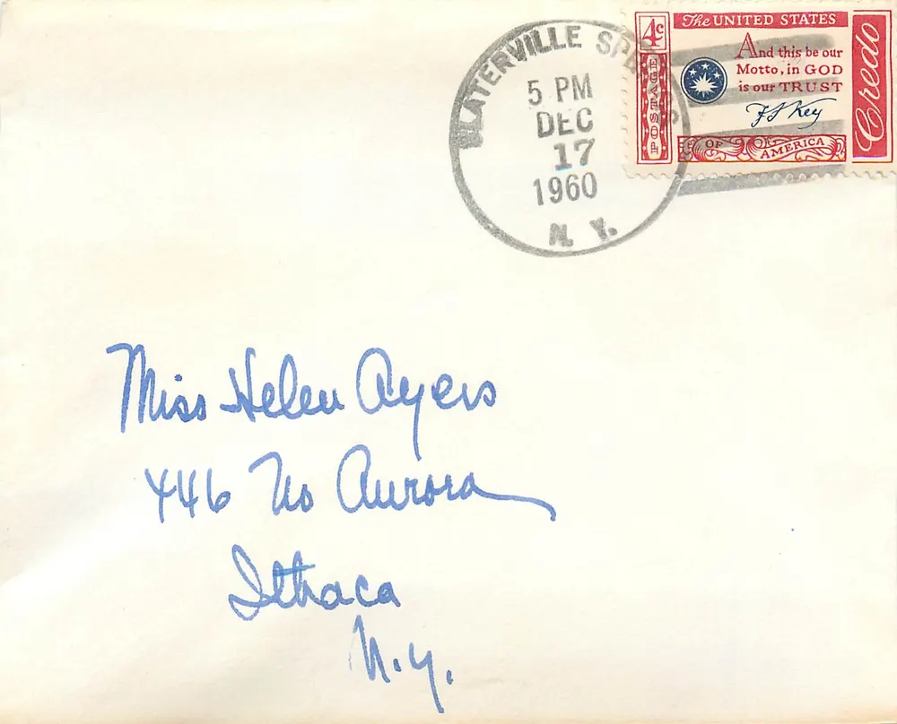 Ansichtskarte aus Waterville Springs — 4c 'In God We Trust'-Stempel — an Miss Helen Ayers in Ithaca, N.Y. adressiert - Vorderseite