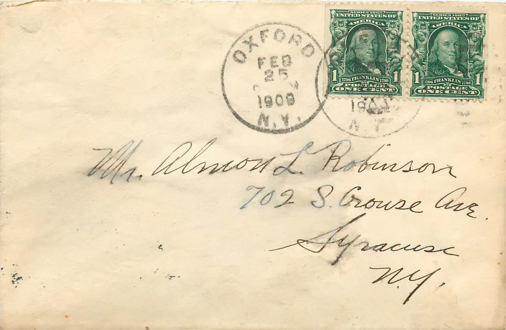 Oxford - N.Y. — Ansichtskarte vom 25. Februar 1909 — Stempel und Poststempel - Vorderseite