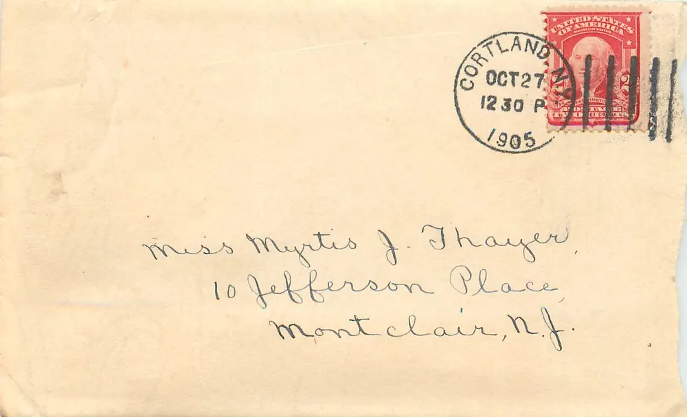 Ansichtskarte an Miss Myrtis J. Thayer in Montclair, N.J. — Cortland, N.Y. — 2-Cent-Washington-Poststempel — datiert 27. Oktober 1905 - Vorderseite