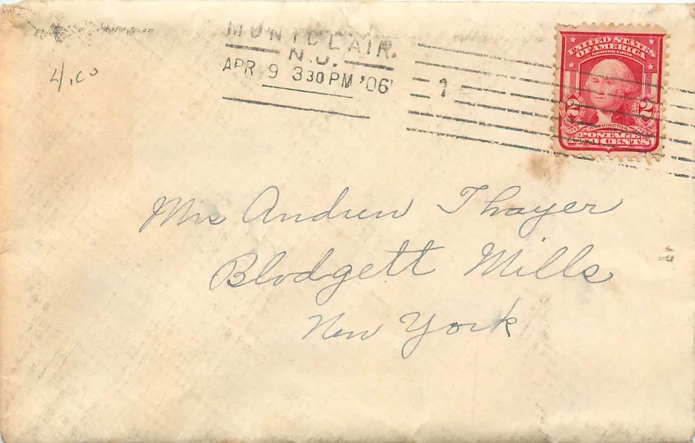 Municipal Air - N.J. — 9. April 1906 — 2-Cent-Washington-Stempel — an Blodgett Mills, New York - Vorderseite