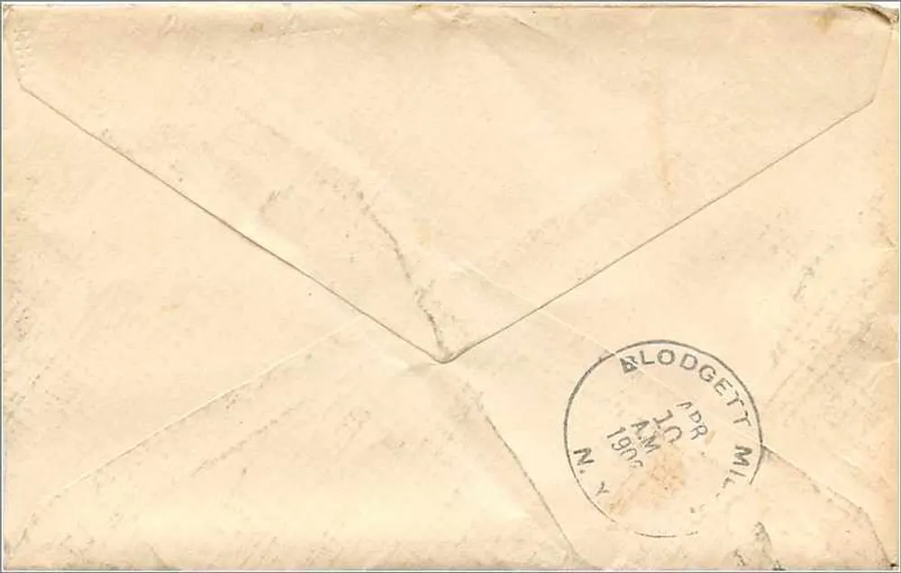 Municipal Air - N.J. — 9. April 1906 — 2-Cent-Washington-Stempel — an Blodgett Mills, New York - Rückseite