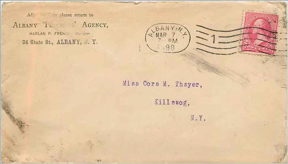 Ansichtskarte an Miss Cora M. Thayer nach Killawog, N.Y. — Albany Teachers' Agency, 7. März 1908 — 2-Cent-Stempel - Vorderseite