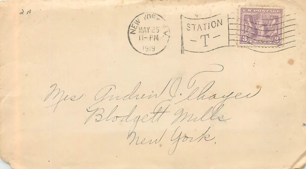 Ansichtskarte an Frau Gudrun J. Thayer in Blodgett Mills, New York — Station T, New York, datiert 25. Mai 1919 - Vorderseite
