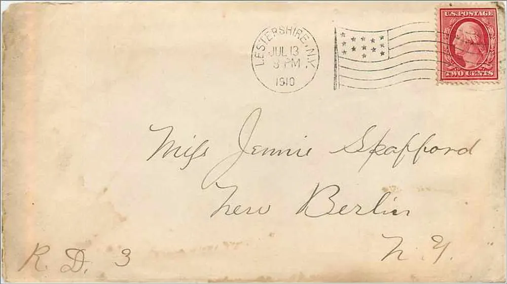 Lestershires, New York — Brief an Frau Jennie Stafford nach New Berlin, N.Y. — Verlag nicht sichtbar, Seriennummer nicht sichtbar - Vorderseite
