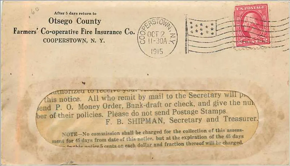 Versicherungsansichtskarte — Otsego County Farmers' Co-operative Fire Insurance Co. — Cooperstown, N.Y. — 1915 - Vorderseite